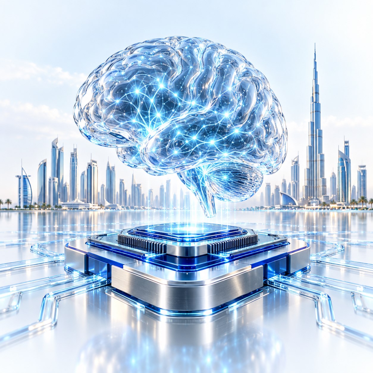 Illuminated glass AI brain floating above a processor with the Dubai skyline behind it