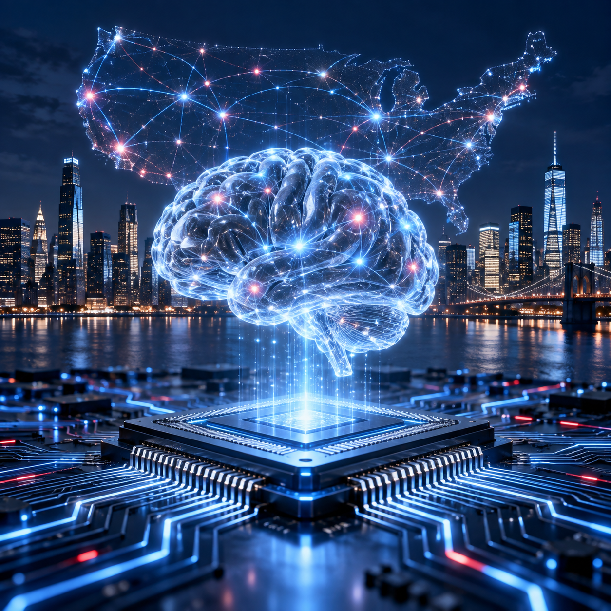 Illuminated AI brain above a processor with a United States city skyline