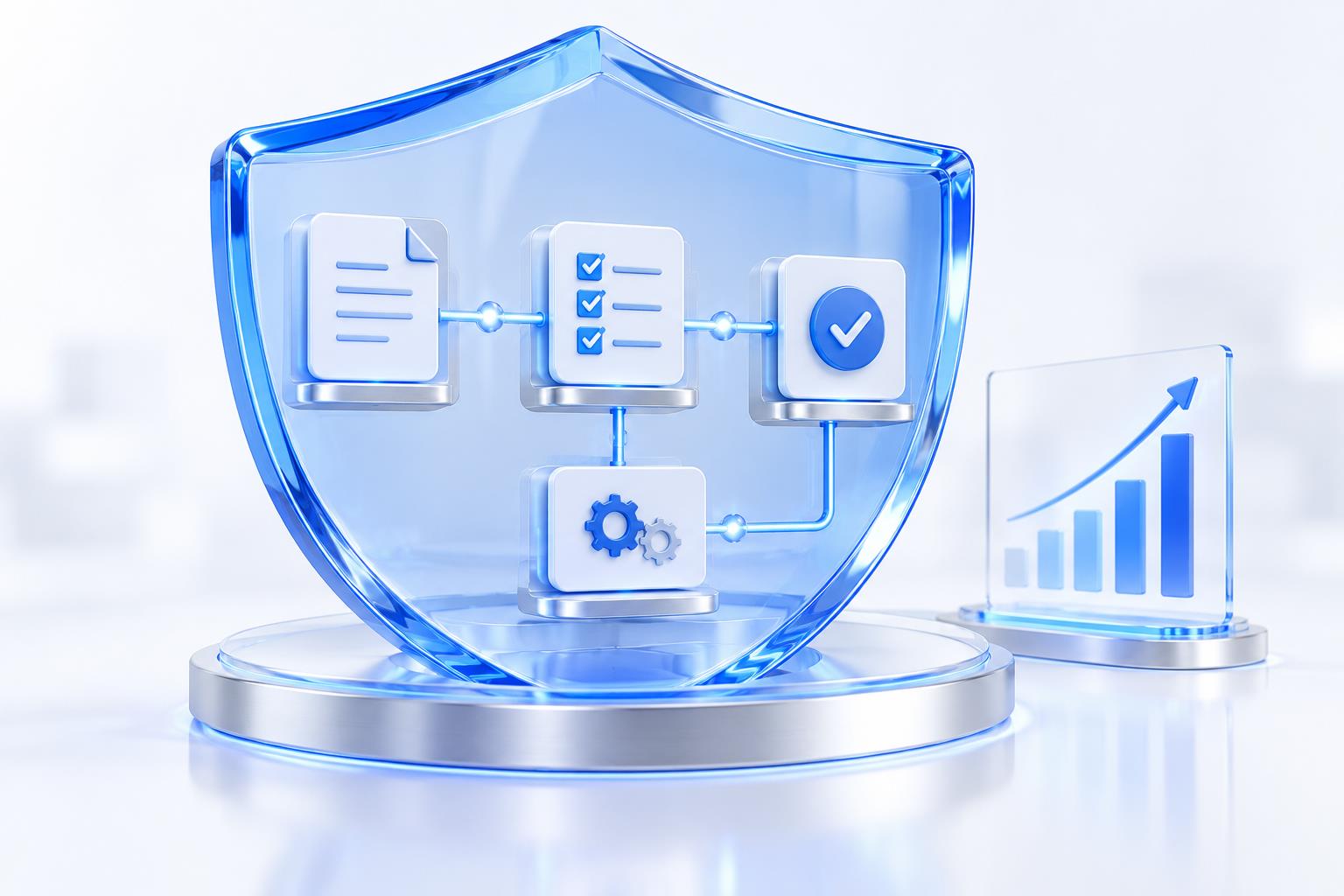 Governed automation workflow protected by a shield with a rising performance chart
