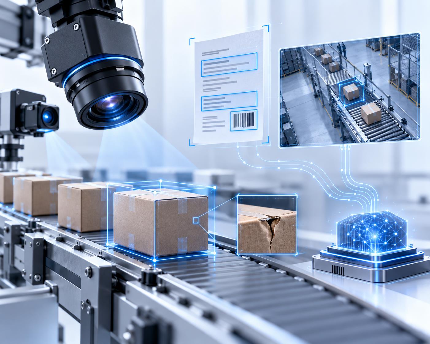 Industrial camera analyzing parcels, documents, and product quality with computer vision