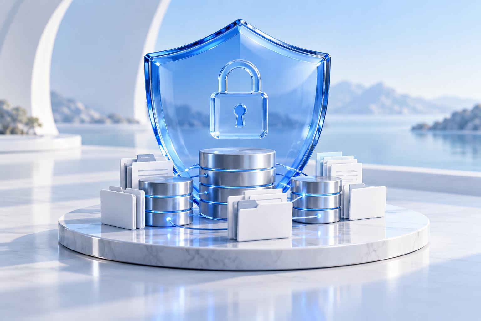 Concept illustration of a glass shield protecting enterprise databases and documents
