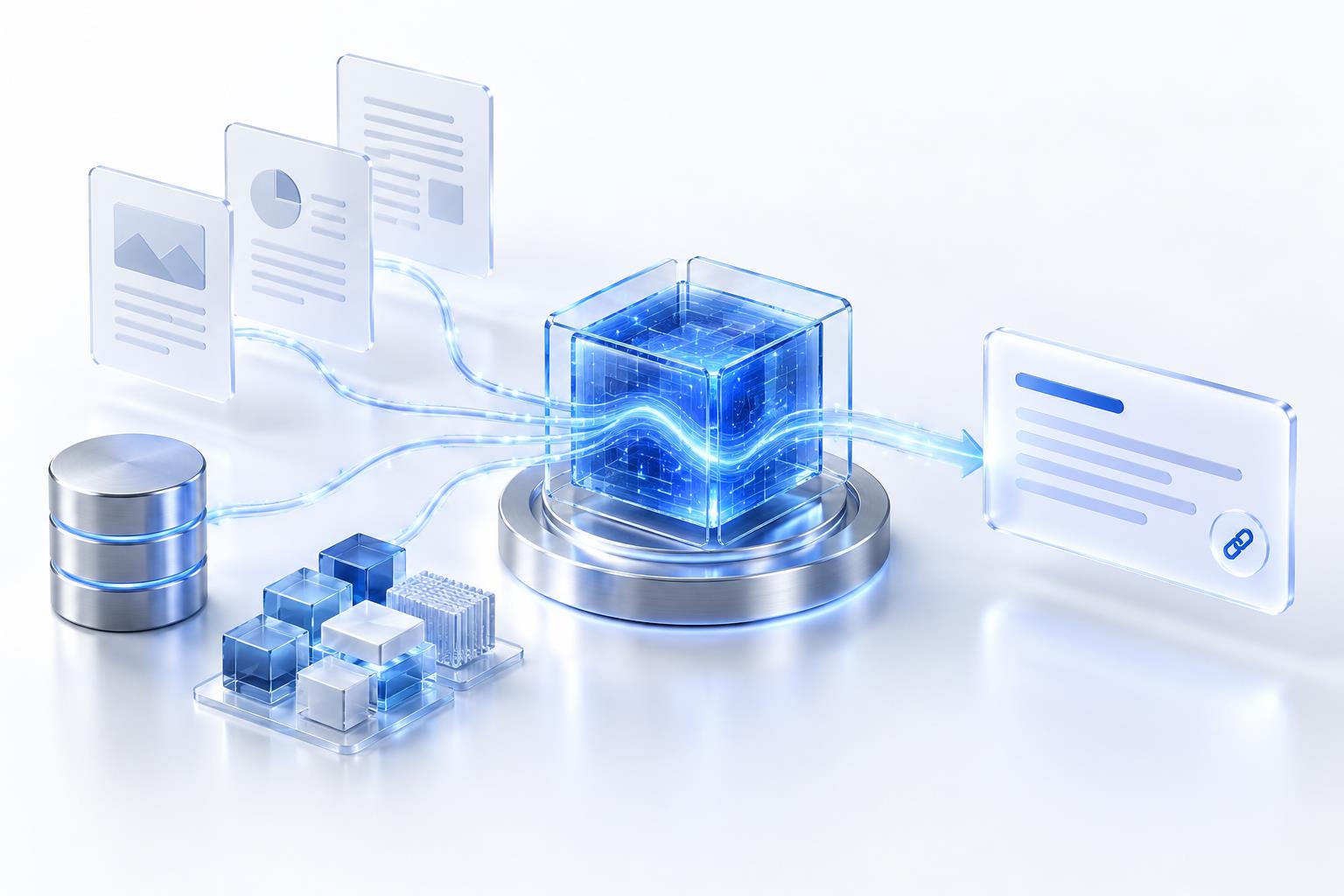 Concept illustration of documents and databases connected to a retrieval engine producing a source-linked answer