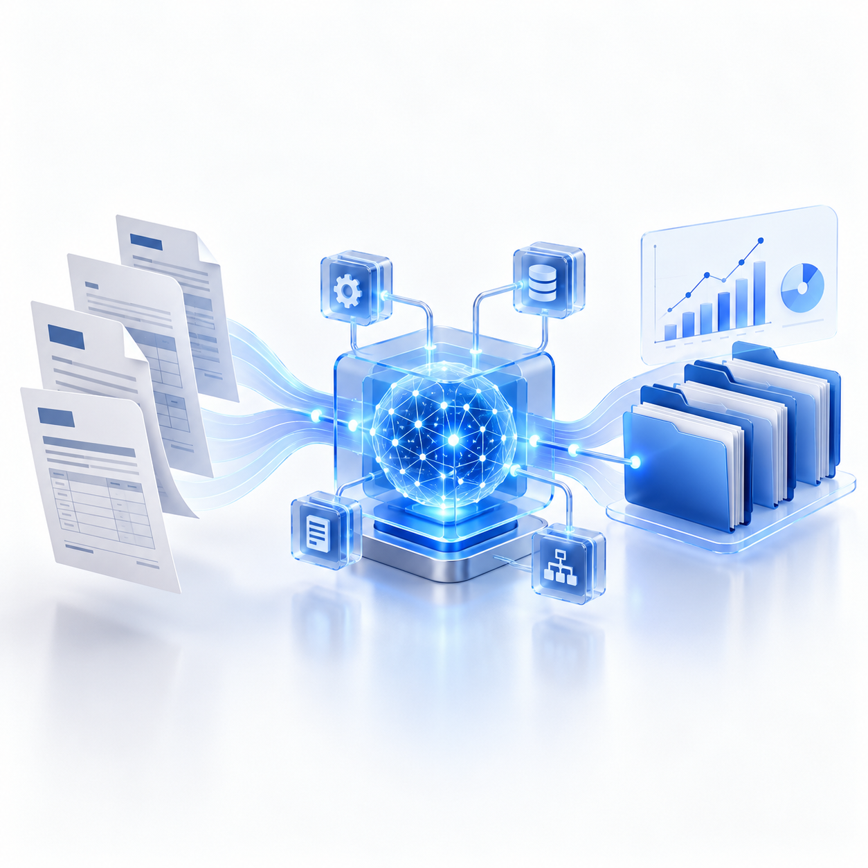 Business documents moving through an AI automation engine into organized records and performance insights