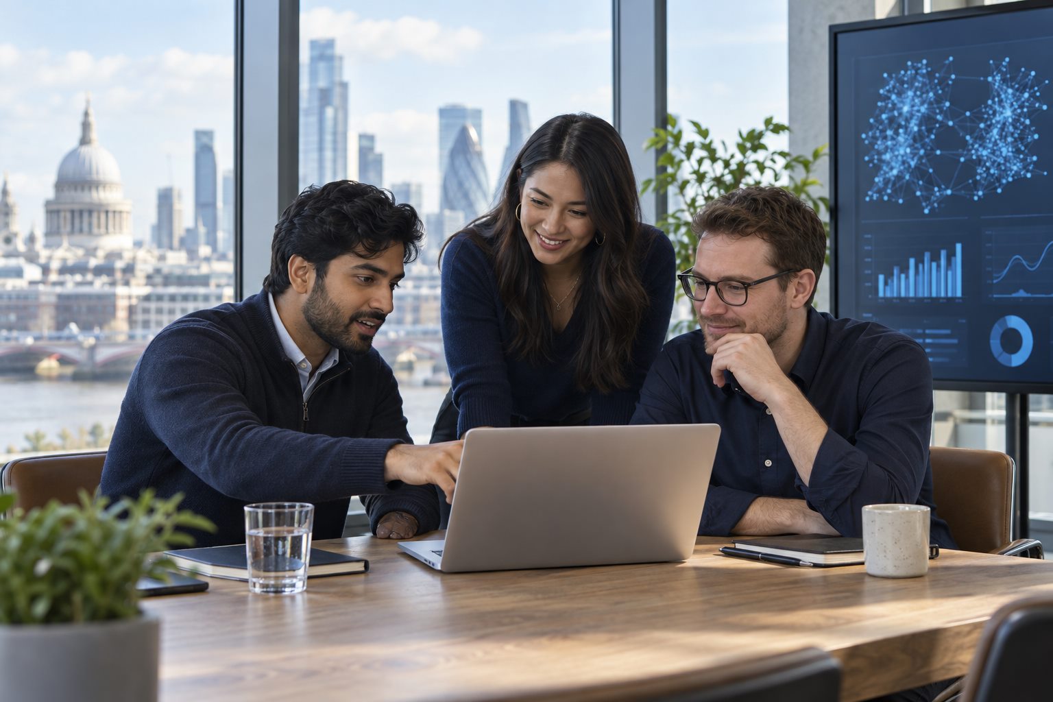 Concept illustration of professionals collaborating on AI in a London office