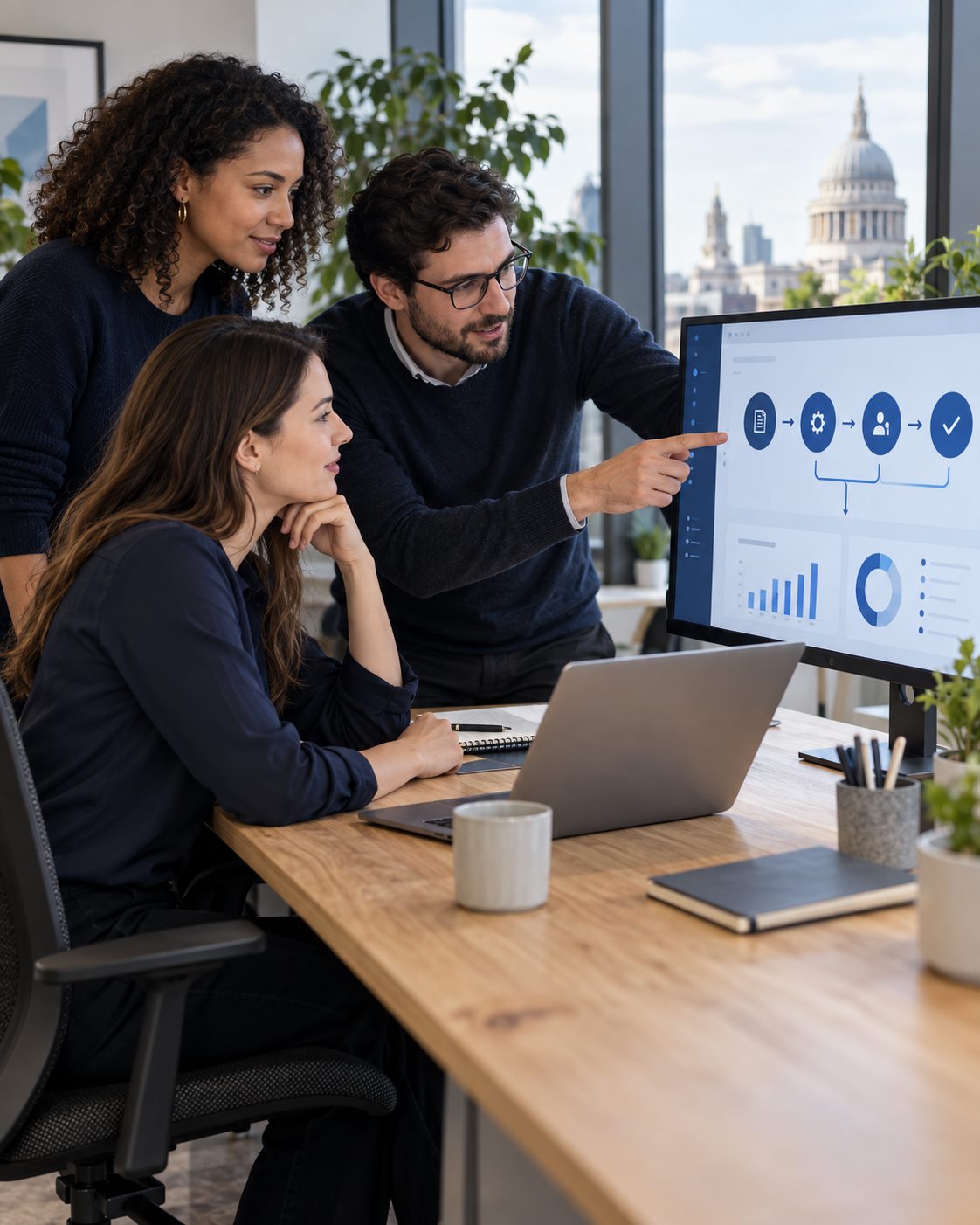 Concept illustration of a business team reviewing an AI workflow on a screen in a London office