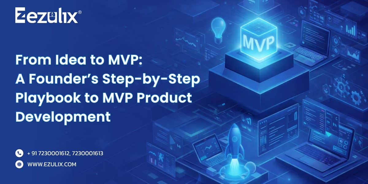 From Idea to MVP step-by-step playbook for MVP product development by Ezulix showing digital product launch concept with MVP cube, rocket, and software dashboards